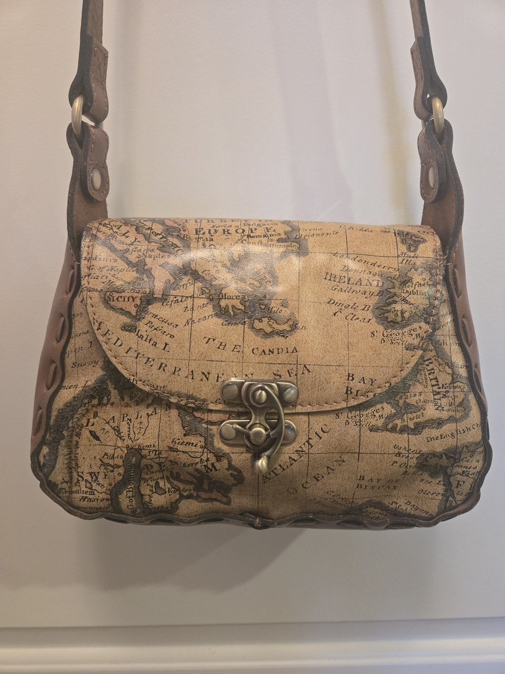 Patricia Nash Leather Tan Map-Print Crossbody Bag